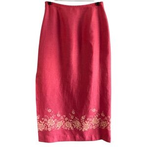 Ann Taylor Pink Linen Maxi Skirt Sz 6 Lined Floral Hem Stitch Sequins Side Slit